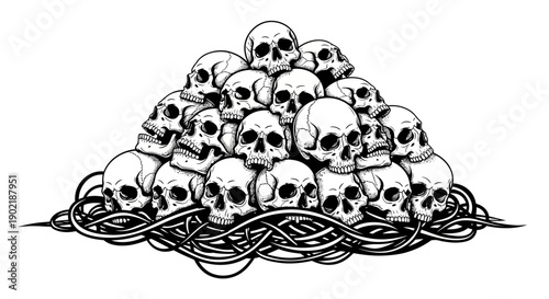 A detailed black and white illustration depicting a large pile of human skulls stacked in a pyramid shape, with tangled roots or ropes at the base, conveying a macabre and dark aesthetic.