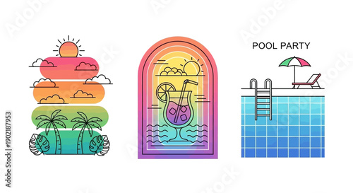Three vibrant line art illustrations depicting summer vacation scenes with palm trees, cocktails, and a swimming pool party.