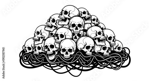 A black and white illustration depicting a large pile of human skulls resting on a tangled mass of dark, organic roots or wires.