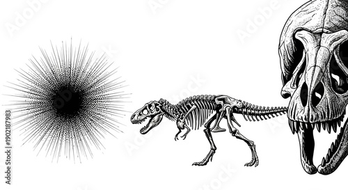 Detailed black and white illustrations of a spiky object, a dinosaur skeleton, and a dinosaur skull.