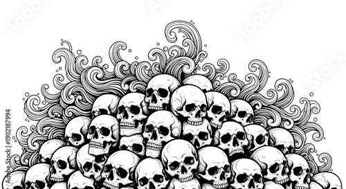 A detailed black and white illustration depicting a large pile of human skulls with intricate swirling patterns, creating a macabre and artistic composition.