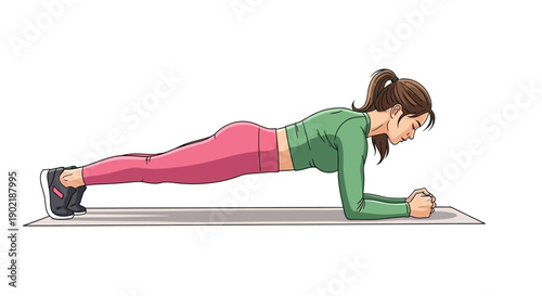A woman in athletic wear performs a forearm plank exercise on a yoga mat, demonstrating core strength.