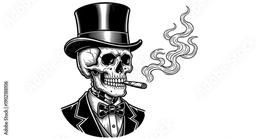 Vintage illustration of a dapper skeleton in a top hat and suit smoking a cigar with rising smoke.