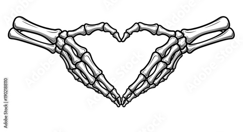 Two detailed skeleton hands forming a heart shape, symbolizing love or affection in a gothic or Halloween style.