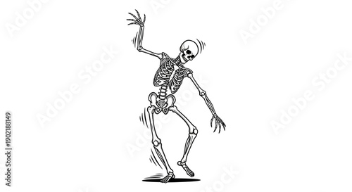 Black and white illustration of a dancing human skeleton with dynamic pose on a plain background.
