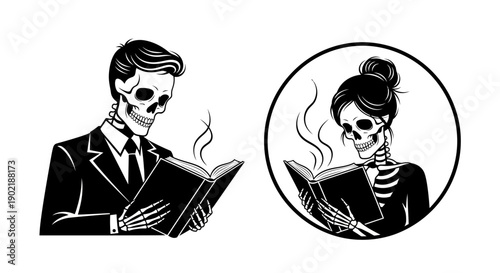 Two stylish skeletons, a man in a suit and a woman in a bun, both engrossed in reading smoking books, depicted in a black and white vintage illustration.