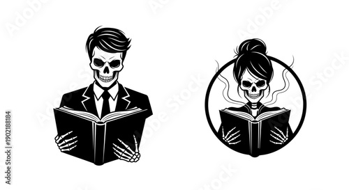 Stylized black and white illustration of a male skeleton in a suit reading a book.