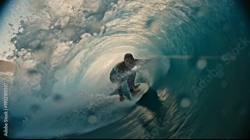 Professional surfer riding inside a massive tube wave with his hand dragging on the water surface. Intense backlight from the golden sun creates beautiful lens flare and an epic, cinematic feeling