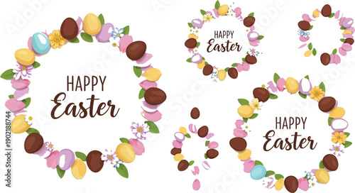 Collection of charming happy easter wreaths featuring decorative chocolate eggs colorful candy pastel flower petals and festive spring greenery elements
