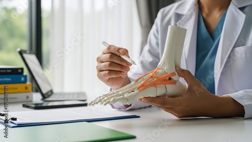 Medical professional examining an anatomical model of a human foot with a pen in office setting