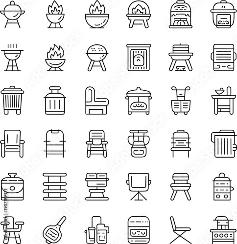 Black and white cooking furniture household icon set, vector grill stove chair table utensil appliance symbols, lifestyle design elements, editable collection