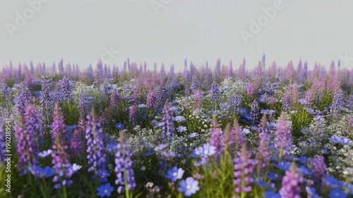A vibrant field of blooming, purple, blue, and white wildflowers fills the frame under a clear, pale sky. Soft focus gives a dreamy look