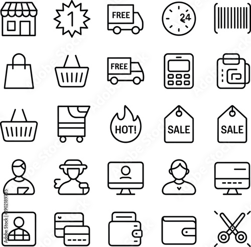 Black and white shopping e‑commerce icon set, vector retail symbols, store cart delivery credit card discount design elements, editable collection
