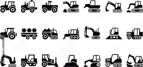 Construction, agriculture, vehicle, tractor, excavator, bulldozer, dump truck, heavy, machinery, industrial, farming, transport, equipment, silhouette, icon, vector, design, symbol, work, set