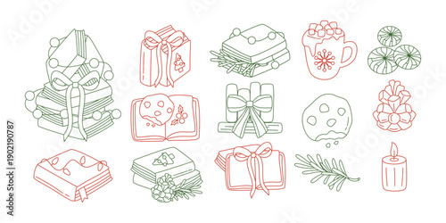 Принти на полотні Christmas bookish illustrations with festive books, cookies, hot chocolate, and lights in red and green for coloring pages and design