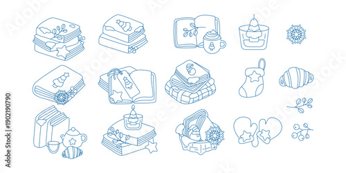 Cozy winter book lover doodles featuring books, snowflakes, candles, and warm drinks in blue line art style.