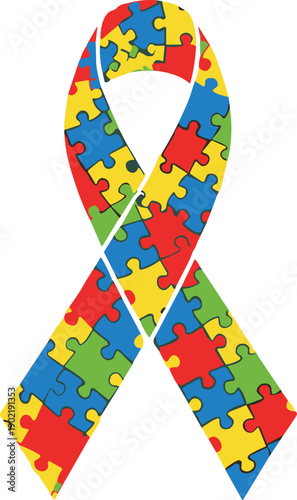 Cartoon vector illustration of colorful puzzle piece awareness ribbon symbolizing autism support, diversity, inclusivity, hope, and advocacy for creative design projects