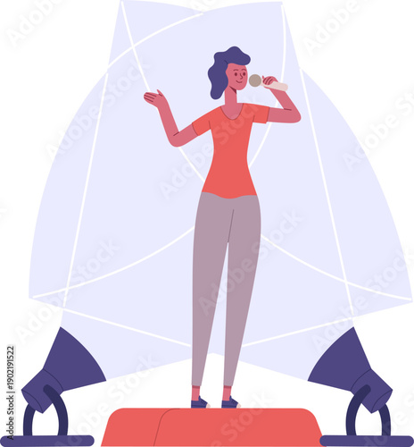 Woman performing on stage illuminated by spotlights