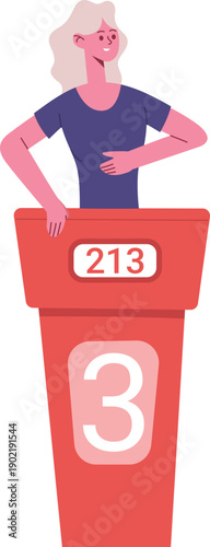 Woman competing in game show showing score and rank