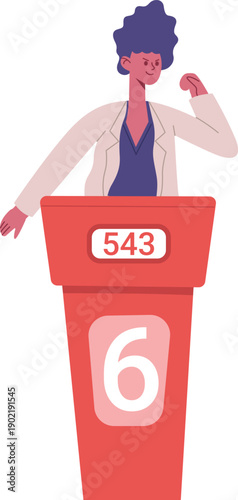 Person speaking at a red podium with numbers