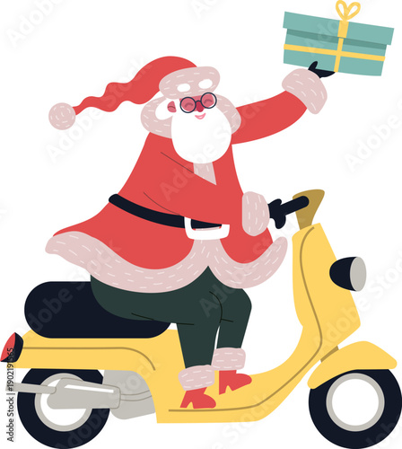 Santa Claus riding scooter delivering rapid Christmas gifts