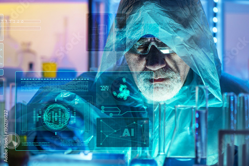 Photography AI, illegal lab, laboratory, scientific concept of surveillance detecting clandestine chemical activity as a hooded chemist works with glassware in blue light