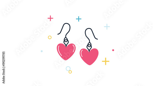 Pair of cute pink heart-shaped earrings floating amidst a shower of colorful geometric cross and circle symbols.