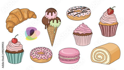 Delicious assortment of hand-drawn desserts including cupcakes, donuts, ice cream, a croissant, and a sweet cake roll.