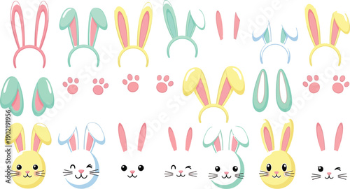Collection of colorful cartoon bunny ears headbands paws and cute character faces perfect for easter holiday decoration