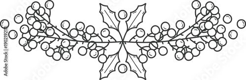 Holly and berry branch outline festive design element