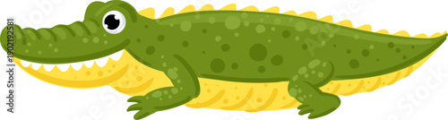 Cartoon green alligator character smiling on white
