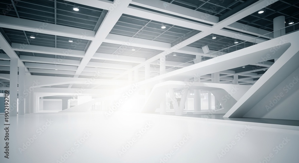 Obraz premium Futuristic Exhibition Center Interior Featuring Bright Lighting, Smooth Surfaces, and Clean Lines