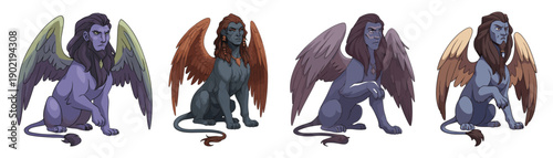 Fantasy Winged Gorilla Monster Creature Vector Illustration Set