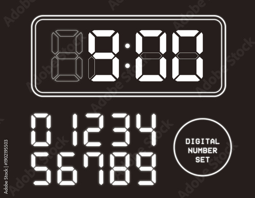 デジタル時計やカウンターに最適な0から9までのデジタル数字セットと文字盤のデザインセット