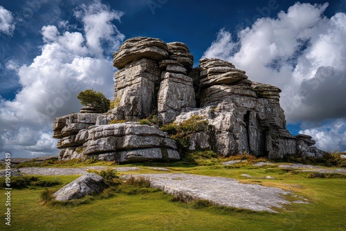 Dramatic Landscape of Stacked Granite Rocks Under Cloudy Skies on Dartmoor National Park on a Sunny Day with Lush Green Grass and a Distant Horizon
