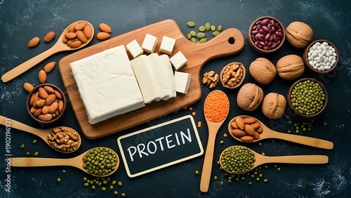 Healthy protein rich foods on dark background