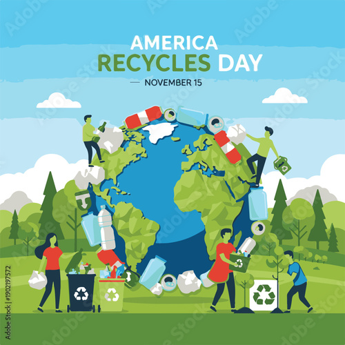 America Recycles Day Concept with People Cleaning the Earth and Sorting Waste for Sustainability