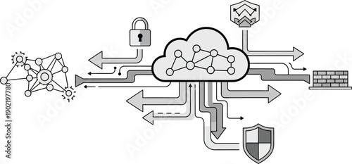 Illustration of cloud computing network security with data flow and protection icons