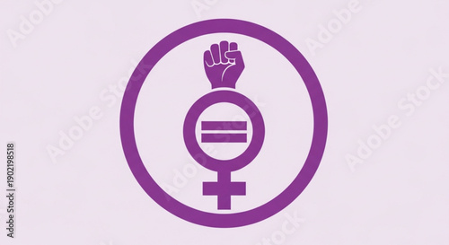 Purple feminist symbol with raised fist and equality sign in a circle on light purple background