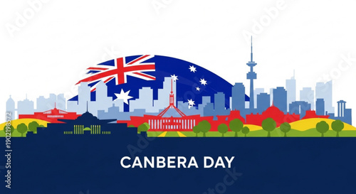 Australian cityscape with canberra day celebration and flag colorful illustration of buildings and trees