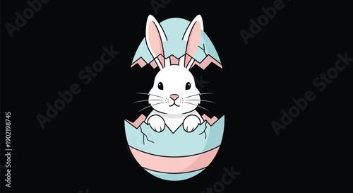 Adorable illustration of a cute white baby bunny rabbit happily emerging from a cracked pastel blue and pink Easter egg shell design