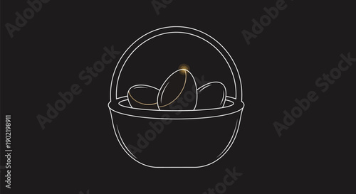 Minimalist white outline illustration featuring a simple basket holding three illuminated golden decorated easter eggs against a dark background symbolizing celebration.