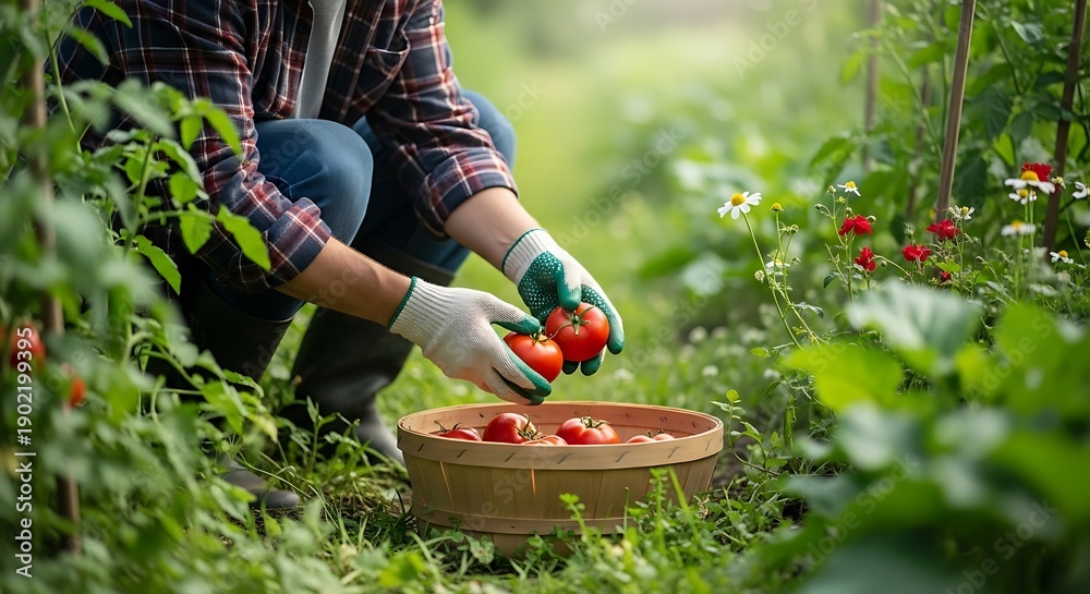 Fototapeta premium Gardener harvesting ripe red tomatoes from a lush vegetable garden, wearing gloves