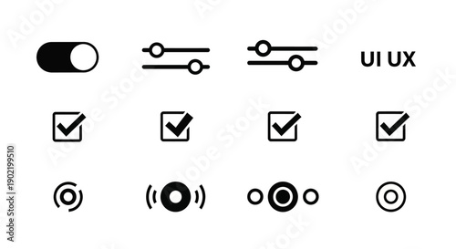 Collection of UI UX icons featuring toggle switch checkbox and slider controls with abstract circular elements and text.