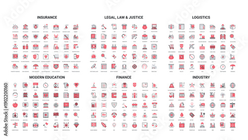 Comprehensive set of modern line icons covering insurance, law, logistics, education, finance, and industry for web, app, and presentation design isolated on white background vector illustration