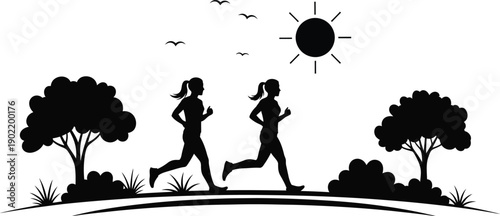 Women running together in sunny outdoor landscape