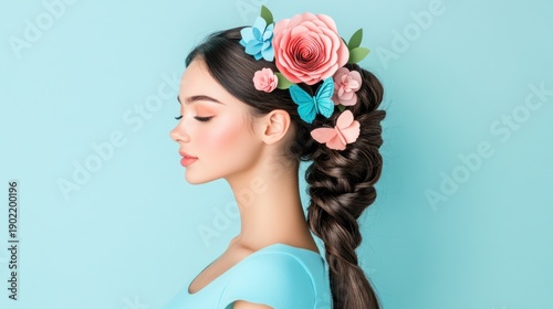 Woman with flower and butterfly hair adornment