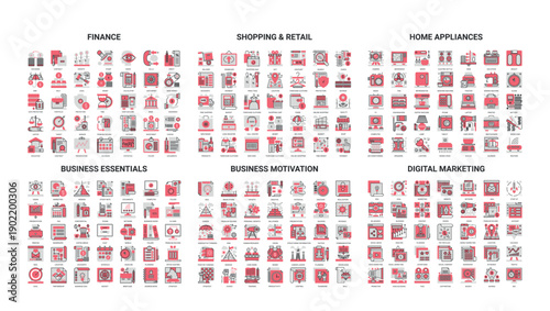 Comprehensive set of modern line icons for finance, retail, home appliances, business, and marketing perfect for web, app, and presentation design isolated on white background vector illustration