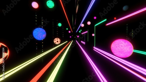 Neon tunnel with colorful spheres and lines