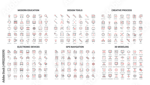 Comprehensive set of modern line icons covering education, design tools, creative process, electronic devices, GPS navigation, 3D modeling for digital projects and presentations vector illustration